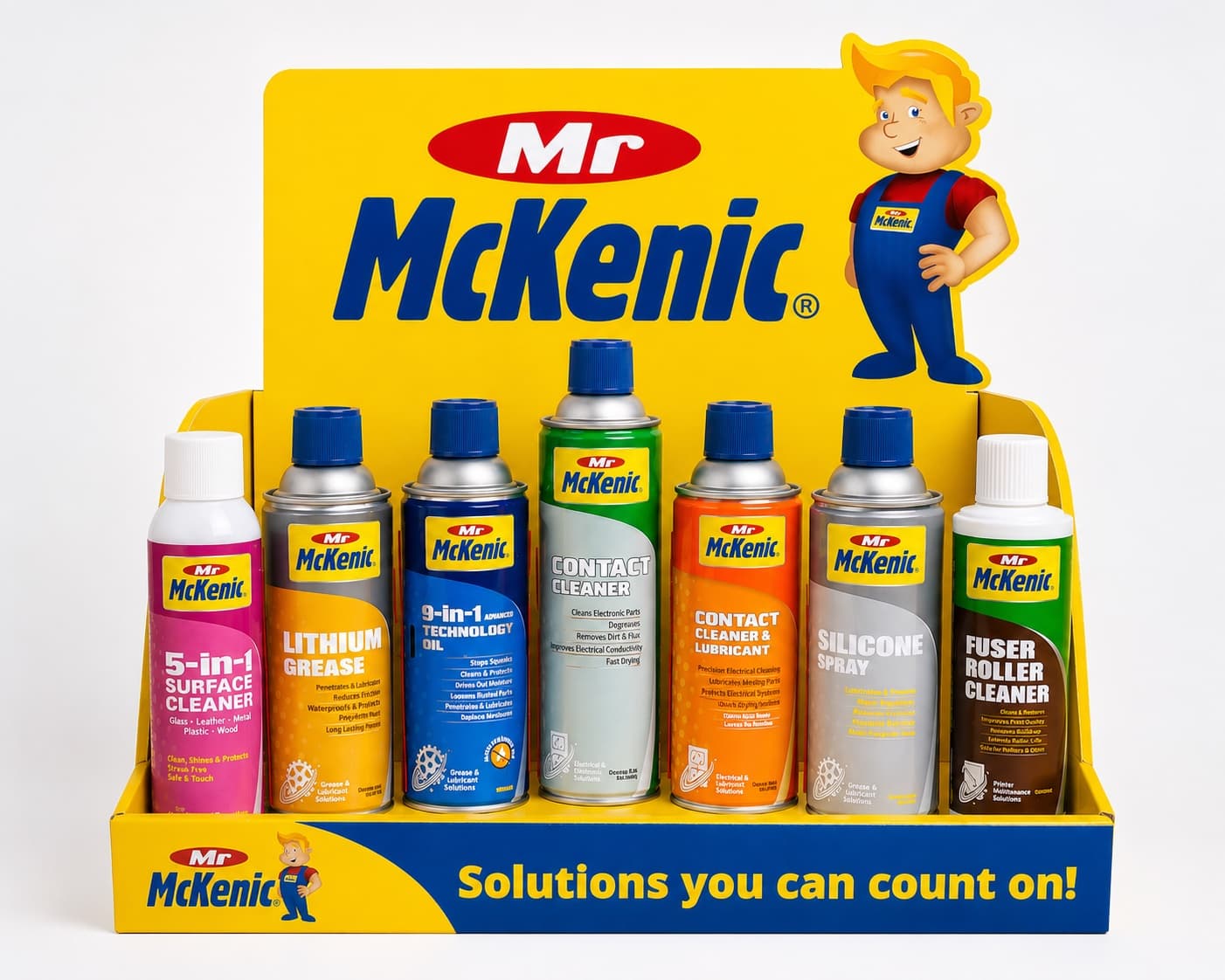 The Mr McKenic professional maintenance product range on a retail display stand